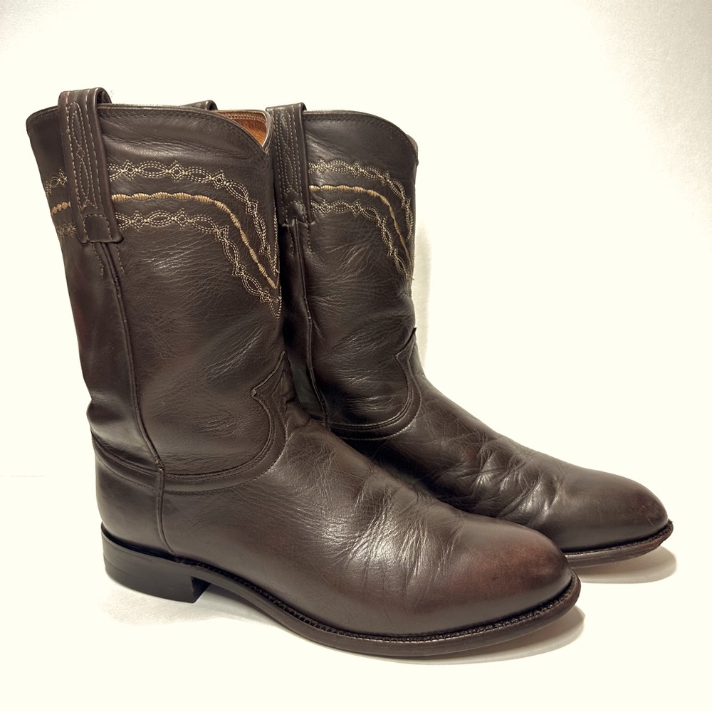 VTG JUSTIN ROPER BROWN CORONA LEATHER ALMOND TOE WESTERN COWBOY BOOTS Sz8.5EE